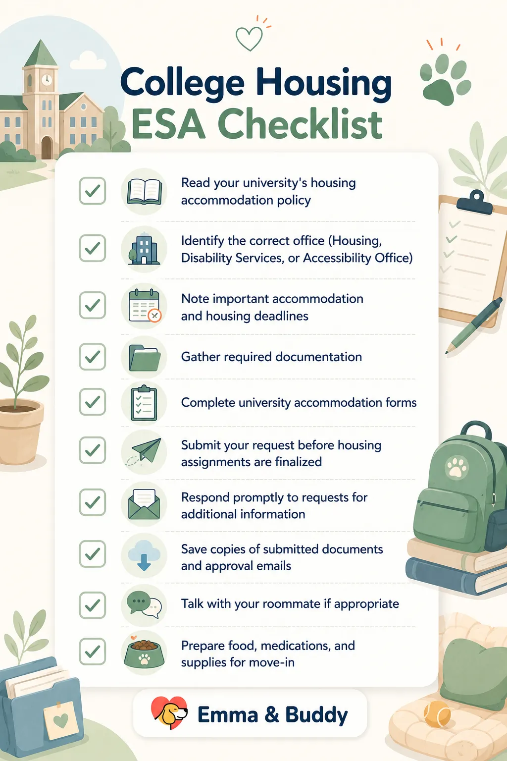 College housing ESA accommodation checklist for students preparing to move into campus housing.