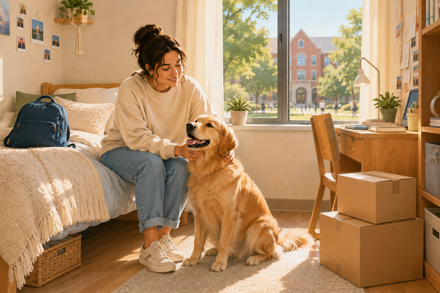 College student with an emotional support dog in a university dorm room.