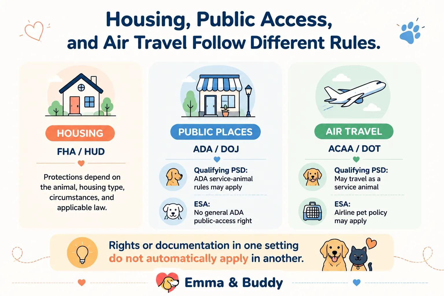 Diagram showing that ESA and PSD rules differ across housing, ADA public access, and DOT-regulated air travel.