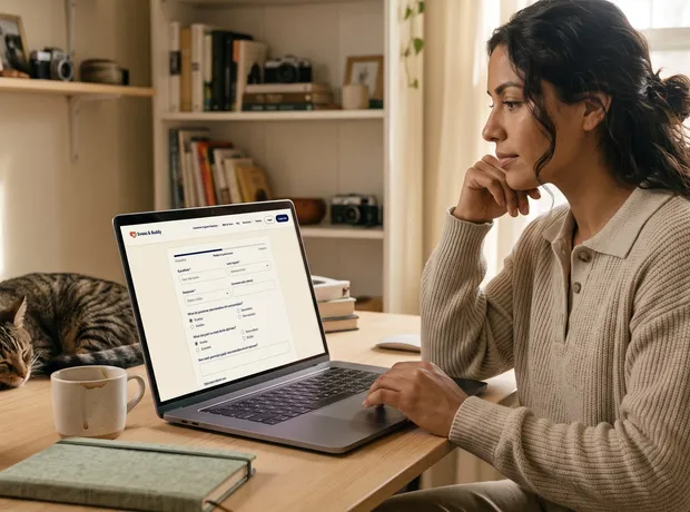 Person completing an online intake on a laptop at home with their cat